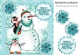 Whimsical snowman with cute penguins 8x8 in turq frame