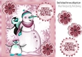 Whimsical snowman with cute penguins 8x8 in pink frame