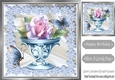 pretty pink roses, blue butterflies in a vase with lace & satin 8x8