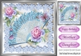 pretty pink roses, butterflies on a fan with lace & satin 8x8