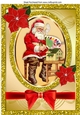 Santa in his workshop with bow and holly In gold glitter frame A4
