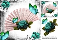 Pretty turq roses with fan & butterfliesin gothic 8x8 frame