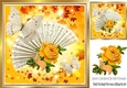 Pretty Yellow vintage rose & scroll on a fan with script & butterflies 8x8