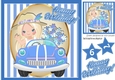 Birthday girl in blue car with flowers in stripe 8x8