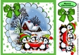 A Trio of Carol singing penguins with snow scene (Green) 8x8