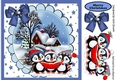 A Trio of Carol singing penguins with snow scene (Blue) 8x8