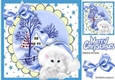 White Fluffy Kitten in santa hat with blue bow 8x8