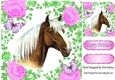 Pretty palomino Horse with cerise roses & butterflies 8x8