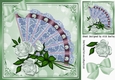 pretty lace fan with pretty shades of roses with green bow 8x8