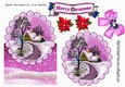 Lovely snow scene with cottage, and pink bow over the edge