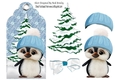 Cute little penguin in blue in snow scene tag with bow