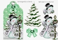 Lovely jolly snowman on a christmas tag with green bow