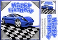 Blue sports car in chequered effect frame 8x8