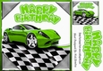Green sports car in chequered effect frame 8x8