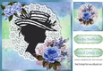 silhouette lady in hat with rainbow and lace with blue roses frame 8x8