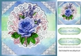 Pretty rainbow blue with oval lace and border with blue roses 8x8