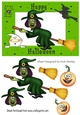 Green witchy on a broomstick with pumpkins A5