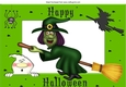 Green witchy on a broomstick with pumpkins A4