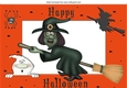 Grey witchy on a broomstick with pumpkins A4