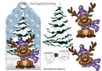 Cute reindeer in wooly hat & scarf (purple) on a tag