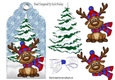 Cute reindeer in wooly hat & scarf (blue) on a tag