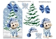 Cute puppy in a knitted hat (blue) with christmas tree on a tag