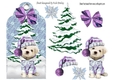 Cute puppy in a knitted hat (purple) with christmas tree on a tag