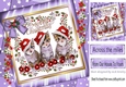 Three cute kitties in santa hats with bow in purple star frame with flowers 8x8