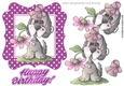 Playful puppy with flowers in purple polkadot frame