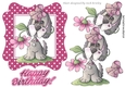 Playful puppy with flowers in pink polkadot frame