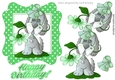 Playful puppy with flowers in green polkadot frame