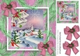Pretty village with church in the snow with pink bows 8x8