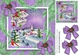 Pretty village with church in the snow with lilac bows 8x8