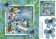 Pretty village with church in the snow with blue bows 8x8