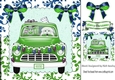 Christmas santa in a car with rudolph and presents (green) 8x8