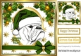 Bulldog in a santa hat with green bow and festive corners 8x8