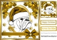 Bulldog in a santa hat with gold bow and festive corners 8x8