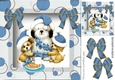 Cute trio of puppies in santa hats with bows in picture frame (blue) 8x8