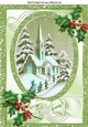 pretty church scene in green with holly oval pyramids A4