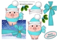 Baby pig in santa hat with turq bow over the edge