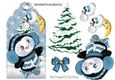 cute penguin in blue on christmas tag with christmas tree