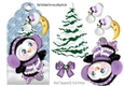 cute penguin in purple on christmas tag with christmas tree