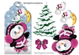 cute penguin in pink on christmas tag with christmas tree