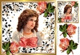 lovely Vintage Girl with roses in pink bow in leaf frame 8x8