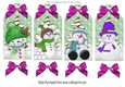 Four lovely christmas tags with snowmen in the snow with pink bows