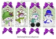 Four lovely christmas tags with snowmen in the snow with purple bows