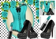 Sexy turq /black basque with polkadot and turq roses 8x8