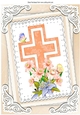 pretty peach cross with daffs and lilac lillies on lace A4