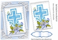 pretty blue cross with daffs and lilac lillies on lace A5