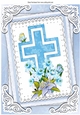 pretty blue cross with daffs and lilac lillies on lace A4
